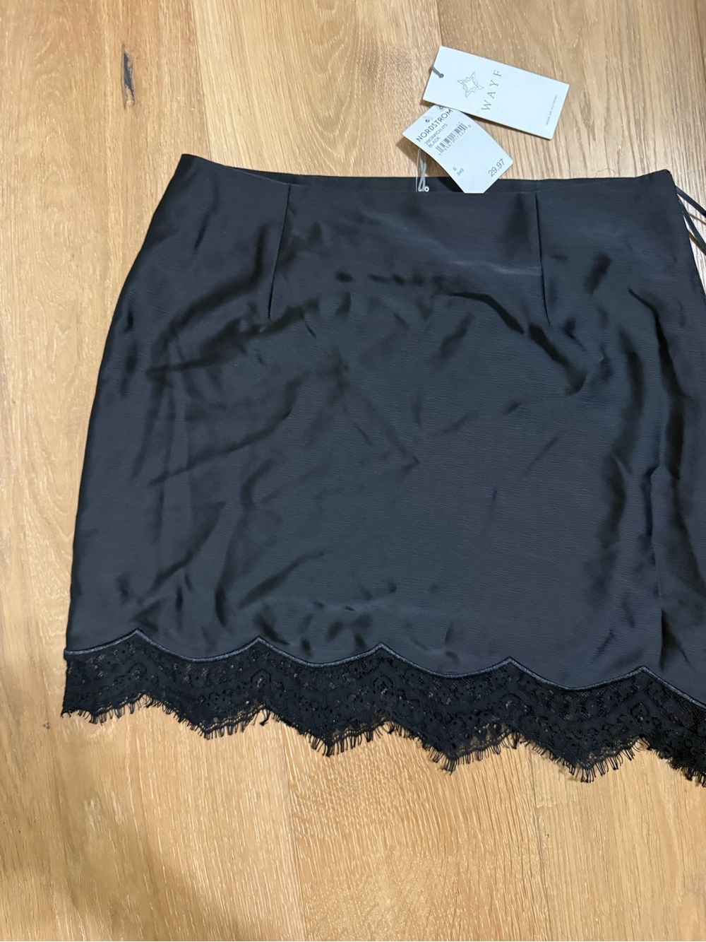Wayf Black Mini Skirt with Scalloped Lace Hem